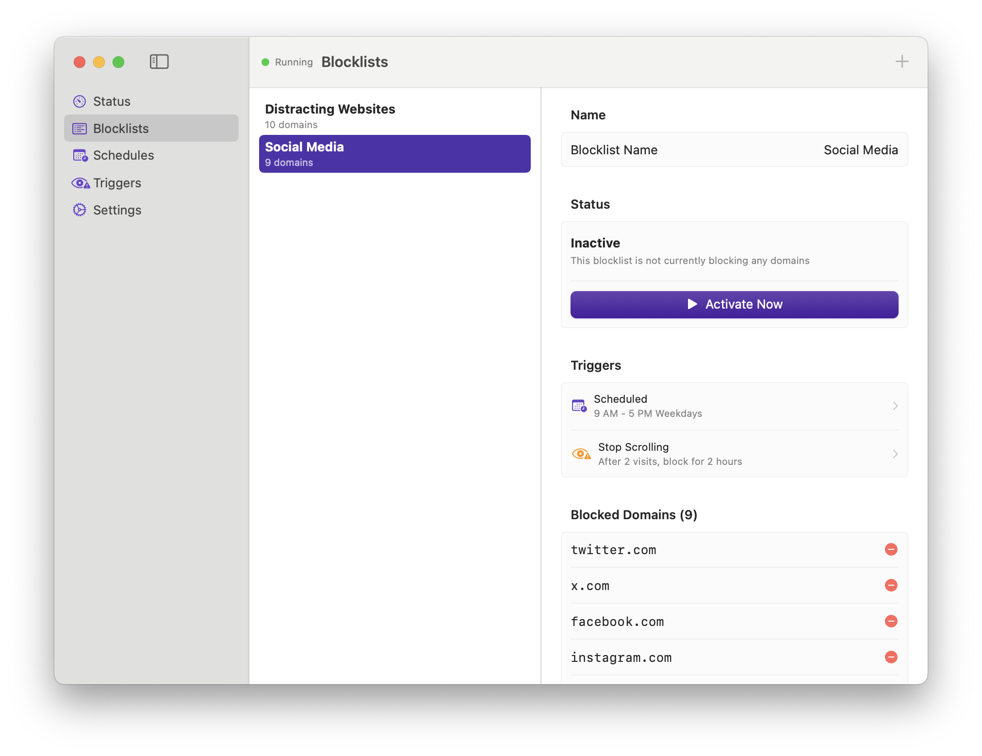 Willpower macOS app interface showing blocklist management with options to block social media, news, and streaming websites