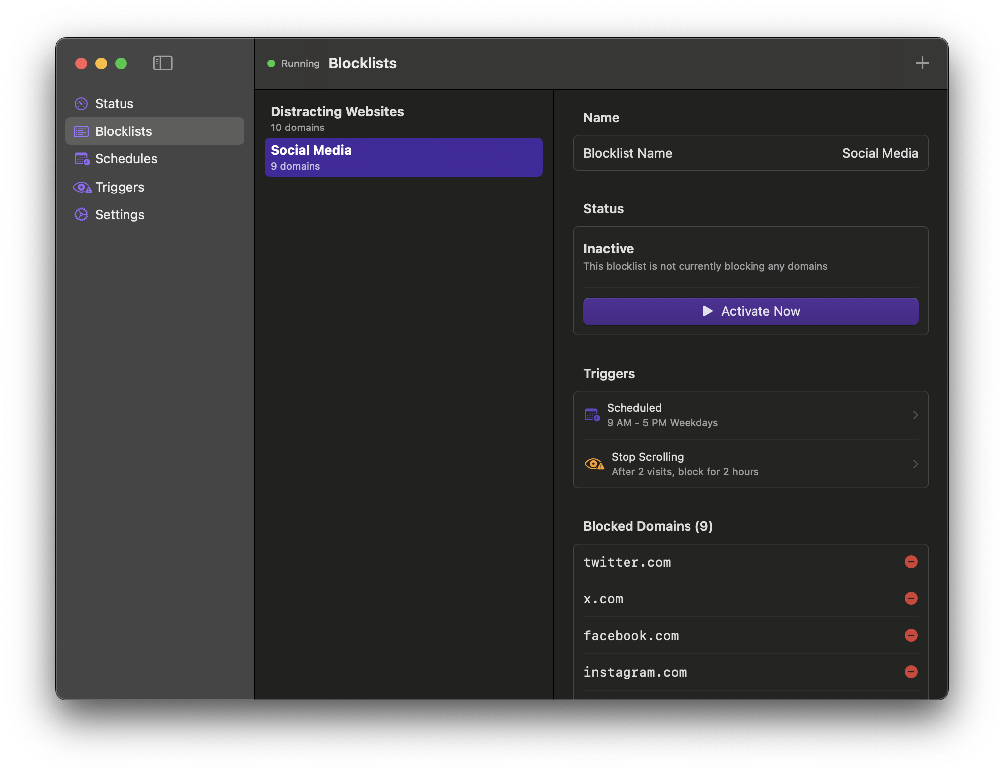 Willpower macOS app interface showing blocklist management with options to block social media, news, and streaming websites